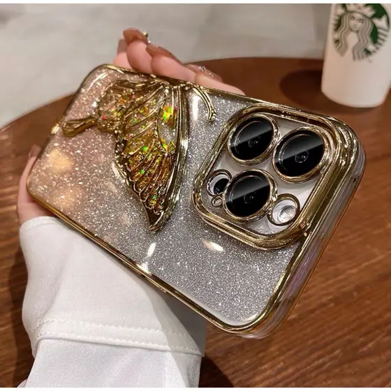 Gradual Glitter Borboleta De Areia Movediça Caixa De Telefone Galvanizada Para Iphone 15 14 13 12 11 Pro Max Com Proteção Contra Queda De Lente Macia Transparente