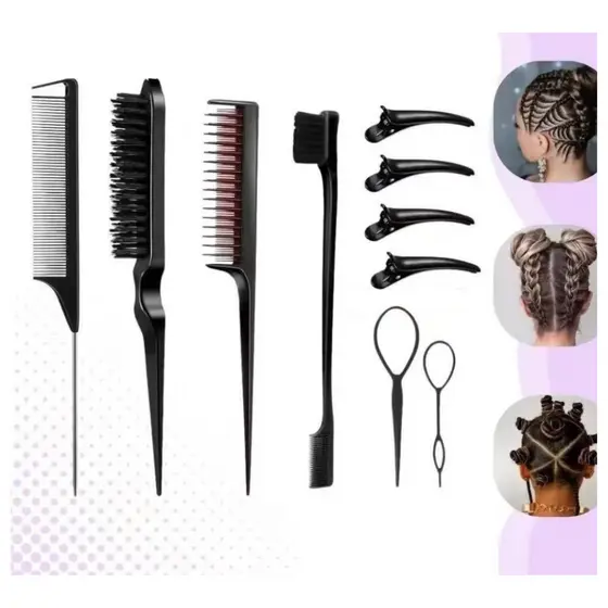 Kit 10 Ferramentas Completo para Tranças, Baby Hair e Coques, Pentes para Cabelos Penteados