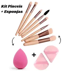 8 Pinceis KiT com Estojo mais Três esponja de Base Pó solto Blush e Contorno, Kit essencial de Maquiagem