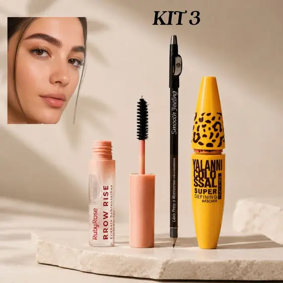 Máscara de Cílios, Gel de Sobrancelha + Lapis Duo Marrom e Preto, o Trio make para seus Olhos