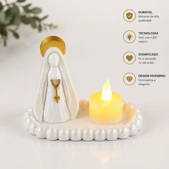 Kit Nossa Senhora com Vela LED + Bandeja Estilo Terço – Mini Altar Decorativo Religioso | Imagem Católica para Lar