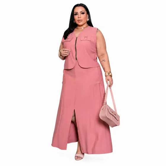 Conjunto Feminino Colete E Saia Longa Plus Size Elegante