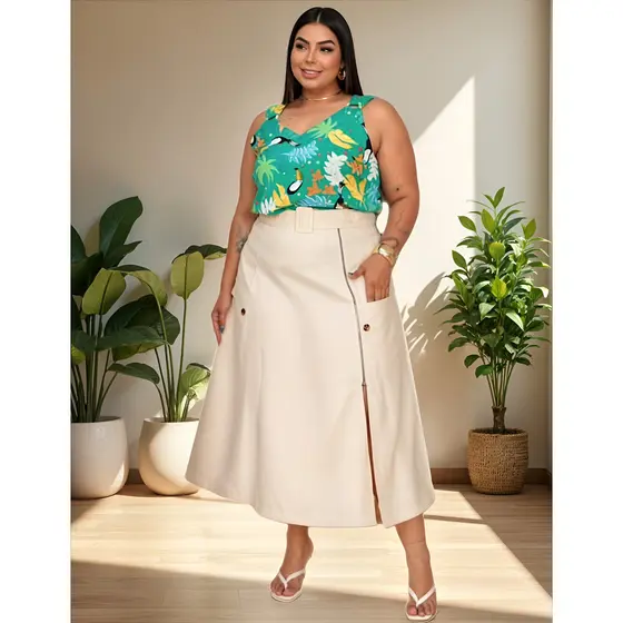 Saia Feminina Alfaiataria Longa Plus Size Com Cinto