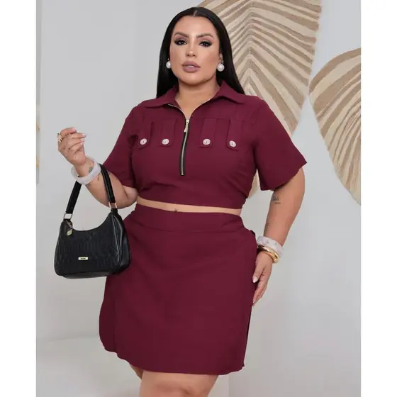 Conjunto Plus Size Feminino Bege Cropped E Saia Curta