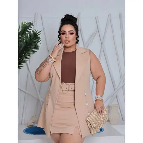 Conjunto Plus Size Colete E Shorts Saia Feminino Elegante