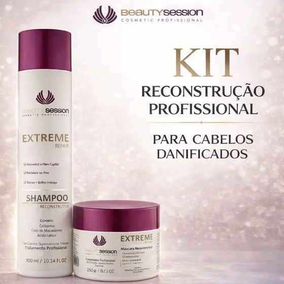 Shampoo Reconstrução 300 ml + Máscara Reconstrução 250 gr Extreme Repair - Beauty Session Cosmetic Professional