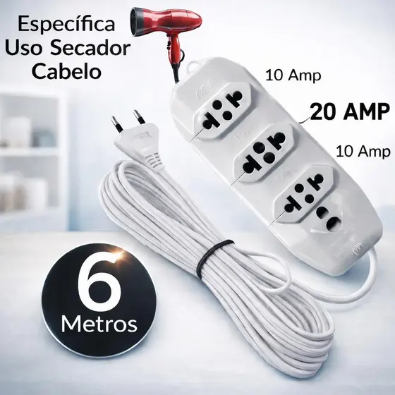 Extensão elétrica REFORÇADA 6 metros para Secador de cabelo