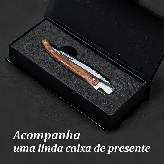 Faca Dobrável Canivete Aço Inox Cabo De Madeira 21cm + Caixa Para Presente Laguiole La Tour