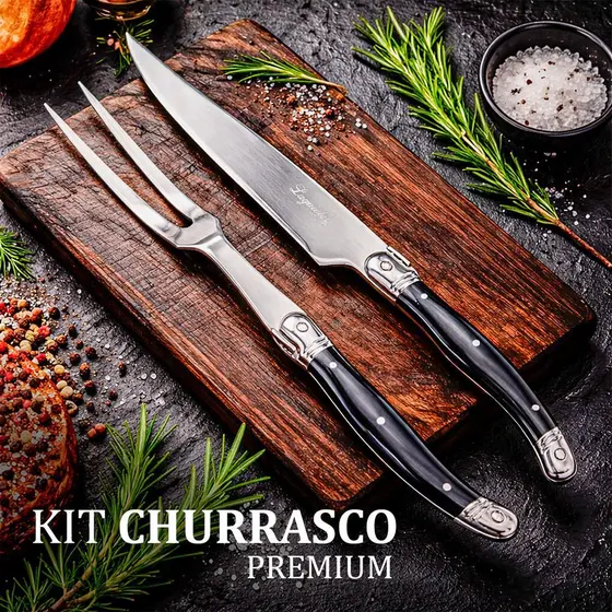 Kit Churrasco Com Garfo E Faca Inox Laguiole La Tour 2 Peças Gourmet Premium