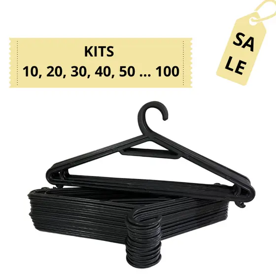 Cabide Adulto Preto Kit 100 a 10 Cabides Achatado Flexível Organizador de Roupas Closet Arara G002