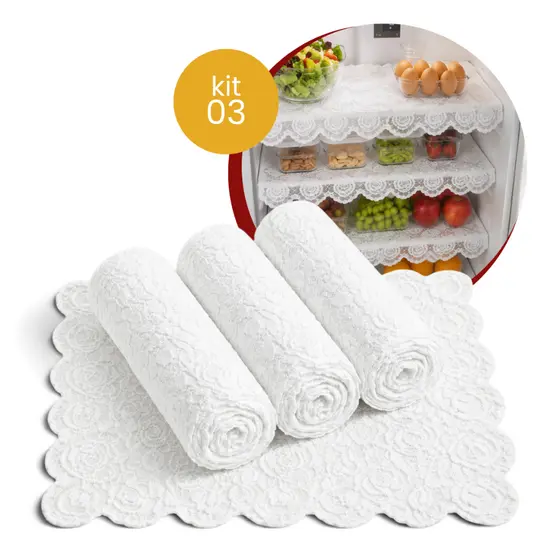 Kit 3 Toalhas Geladeira PVC Lavável Renda 35x50 Antiderrapante Forro Rendado Toalha Rendada Branco