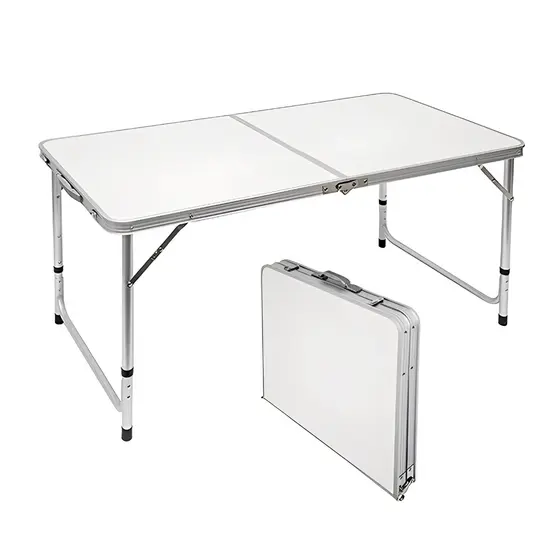 Mesa Dobrável Portátil Alumínio 120x60cm Maleta com Alça  com Tampo MDF e Alça para Camping Branca