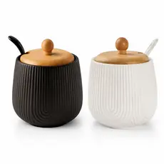 Açucareiro Em Porcelana Com Colher Tampa Bambu 360ml Oásis