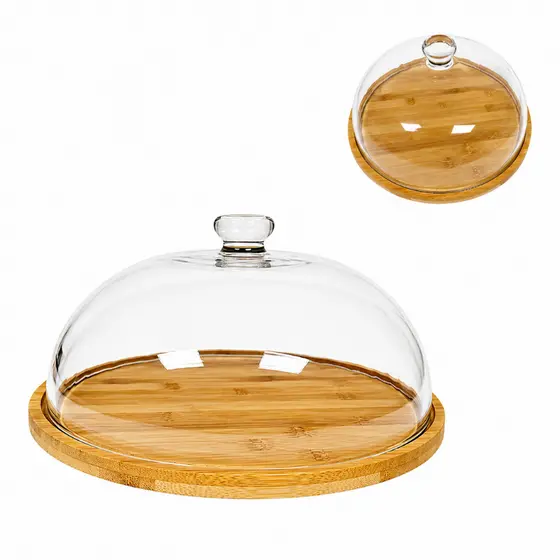 Porta Bolos Boleira Tampa de Vidro C/ Base em Madeira 29cm