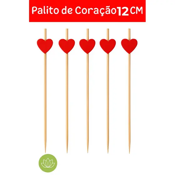 KIT 100 Palitos de Petisco - Coração Vermelho - 12 CM Bambu tábua de Frios Natal/Ano novo/Fim de ano