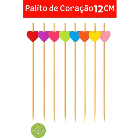 Kit 100 Palitos de Bambu Para Petisco Decorado Coração 12cm COLORIDO