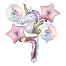 bexiga unicórnio 115 cm balão metalizado com número 7/ kit buquê com 6 balão