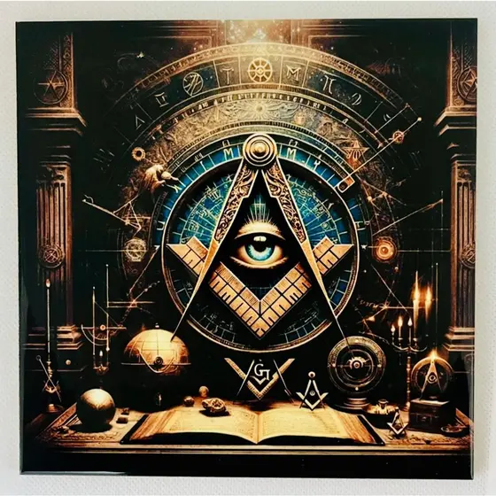 PLACA QUADRO DECORATIVA EM AZULEJO MAÇONARIA / COMPASSO DA CRIAÇÃO 15X15CM