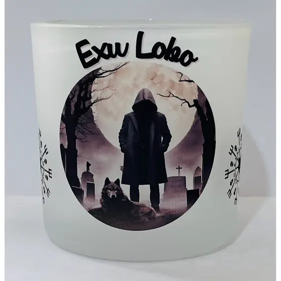 COPO DE WISKY E BEBIDAS EXU LOBO 260ML - VIDRO JATEADO FOSCO - UMABANDA CANDOMBLE