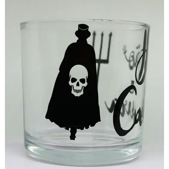 COPO DE WISKY E BEBIDAS EXÚ JOÃO CAVEIRA UMBANDA QUIMBANDA CANDOMBLÉ 260ML VIDRO - TRIDENTE