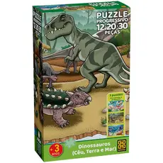 KIT 3 QUEBRA CABEÇAS DINOSSAUROS CÉU TERRA E MAR PROGRESSIVO 12 20 30 PEÇAS GROW PUZZLE DINO FÓSSEIS