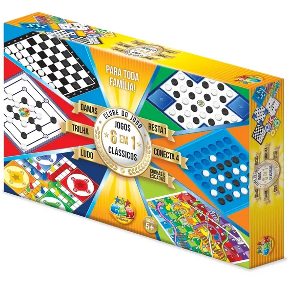 JOGO DE TABULEIRO 4 JOGOS EM 1 GGB 48 PEÇAS BRINQUEDOS DAMAS TRILHA LUDO RESTA 1 DADO CLÁSSICO GAMES