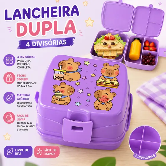 Lancheira Dupla Pote Com 4 Divisórias Safari Escolar