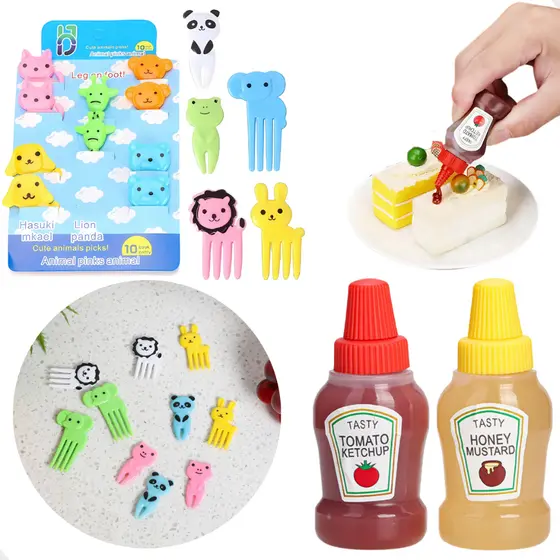 Kit 2 Mini Bisnagas De Molhos e 10 Garfinhos Para Lancheira Escolar