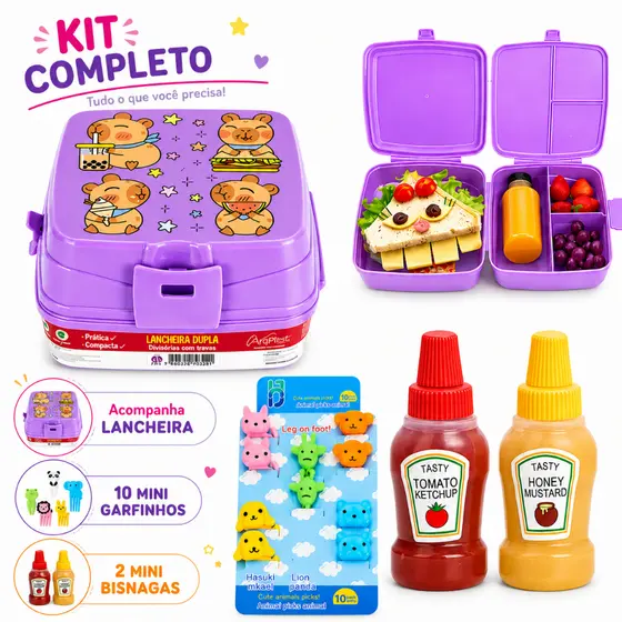 Lancheira Infantil Escolar Safari Kit Completo com 10 Garfinhos e 2 Mini Bisnagas Marmita Lanche