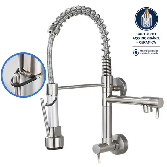 Torneira Cozinha Gourmet De Parede Com Bica Flexível Cor Prata Escovado Yesop