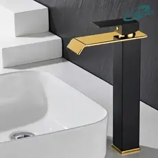 YESOP Torneira Preta Dourada Banheiro Cascata Quadrado Misturador Monocomando Luxo Inox Alta 30cm