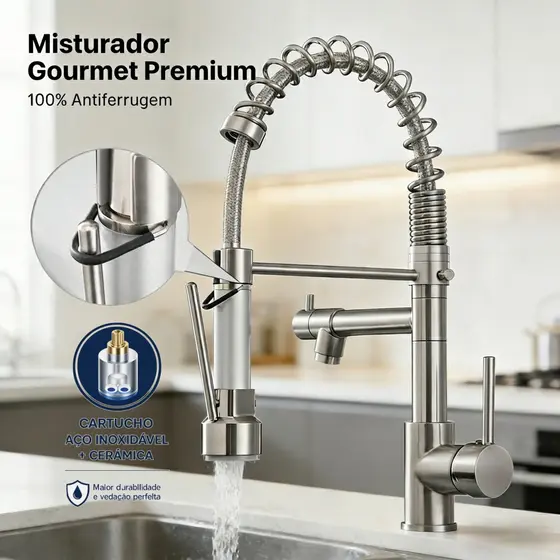 Torneira Cozinha Gourmet Inox Escovado Monocomando Com Spray Extensor Luxo Quente Fria Luxo Yesop