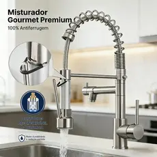 Torneira Cozinha Gourmet Inox Escovado Monocomando Com Spray Extensor Luxo Quente Fria Luxo Yesop