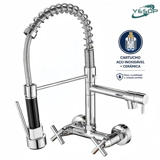 Torneira Cozinha De Parede Gourmet Misturador Quente E Frio Cromada Brilhante Yesop