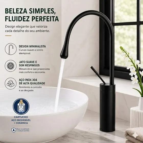 Torneira Pia Banheiro Preta Fosca Luxo Material Cobre Misturador Monocomando Alta 45cm Yesop