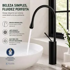 Torneira Pia Banheiro Preta Fosca Luxo Material Cobre Misturador Monocomando Alta 45cm Yesop