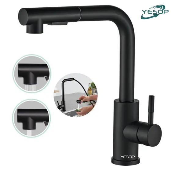 YESOP Torneira Pia Cozinha Gourmet Monocomando Misturador Inox 304 Com Spray Extensor Preto Fosco
