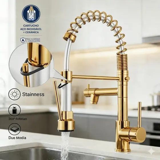 Torneira Cozinha Dourada Pia Gourmet Misturador Inox Luxo Acabamento Brilhante Yesop