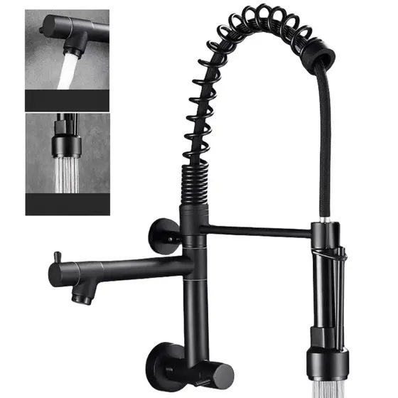 Torneira Cozinha Gourmet De Parede Com Pulverizador Retrátil Com Bica Dupla Cor Preto Fosco Yesop
