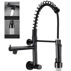 Torneira Cozinha Gourmet De Parede Com Pulverizador Retrátil Com Bica Dupla Cor Preto Fosco Yesop