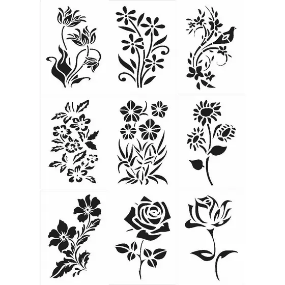 Kit (2) Stencil Flores E Rosas Molde Para Pintura 9pçs 10x14