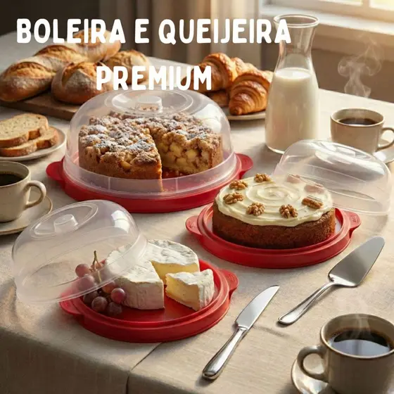 Kit Boleira + Queijeira Com Tampa Porta Bolo Pudim Torta Cozinha