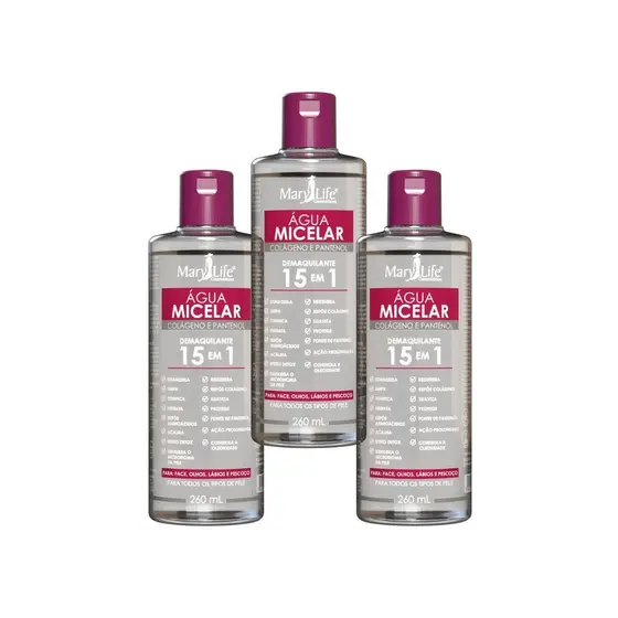 Kit c/ 3 Água Micelar Colágeno e Pantenol Demaquilante 15 em 1 – Mary Life