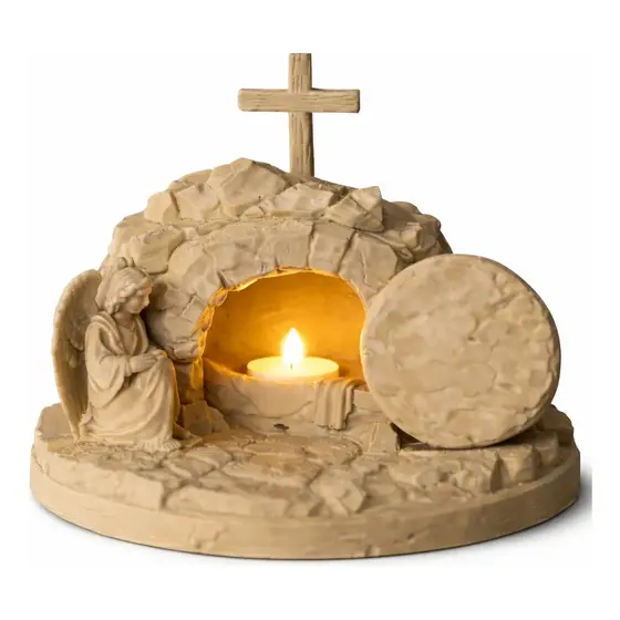 Cenário Sepulcro De Jesus Com Anjo Cruz Decoração Porta Vela Bege
