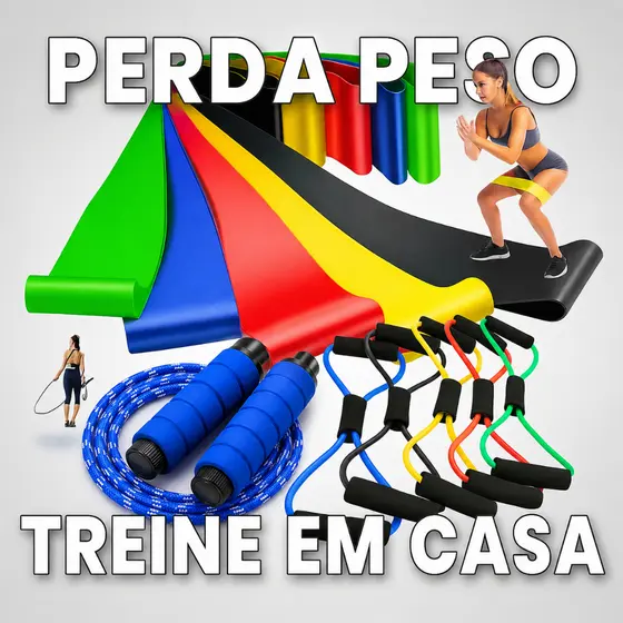 Kit Treine Em Casa Fitness C/ Elástico Extensor Cross Tube +Corda de Pular+Kit com 5 Faixa Mini Band
