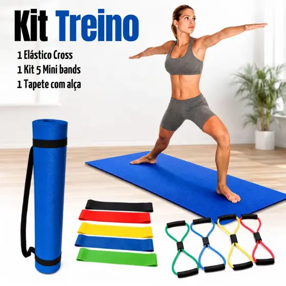 Treino Completo 5 Faixas Mini Bands Tapete Yoga Pilates E Elástico Extensor Cross