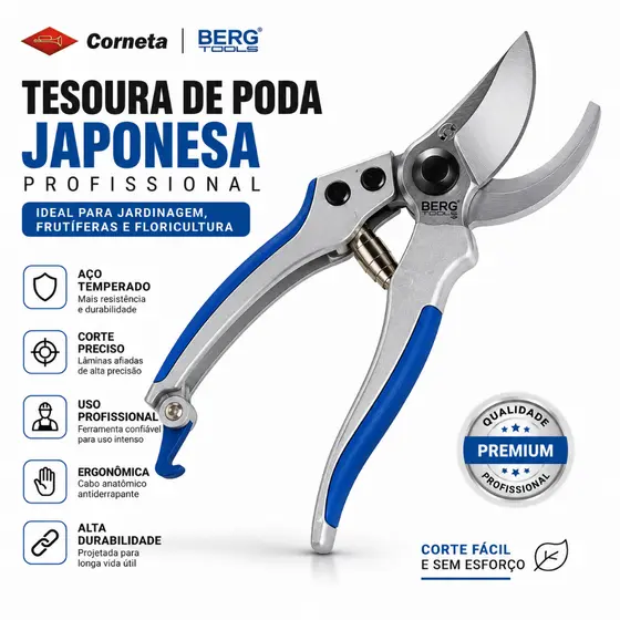 Tesoura 20cm Tipo Japonesa Profissional P/ Poda Raleio Jardinagem Floricultura - Corneta Berg
