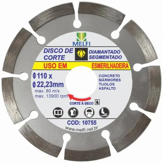 Kit de Disco Diamantado Segmentado 110X22,2mm Anel de Redução P/ 20mm e 16mm Uso na Esmerilhadeira