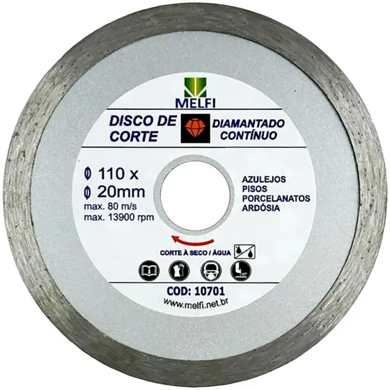 Kit de Disco de Corte Diamantado Contínuo Porcelanato 110mmx20mm Anel Redução 16mm Uso Serra Mármore