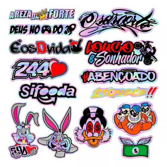 Kit 14 Adesivos Holografico Cartela Pernalonga 244 Abençoado Osascorte Louco e Sonhador Moto Carro
